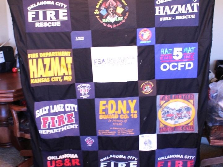 Image for Tshirt quilt with all of my dads firefighter shirts.